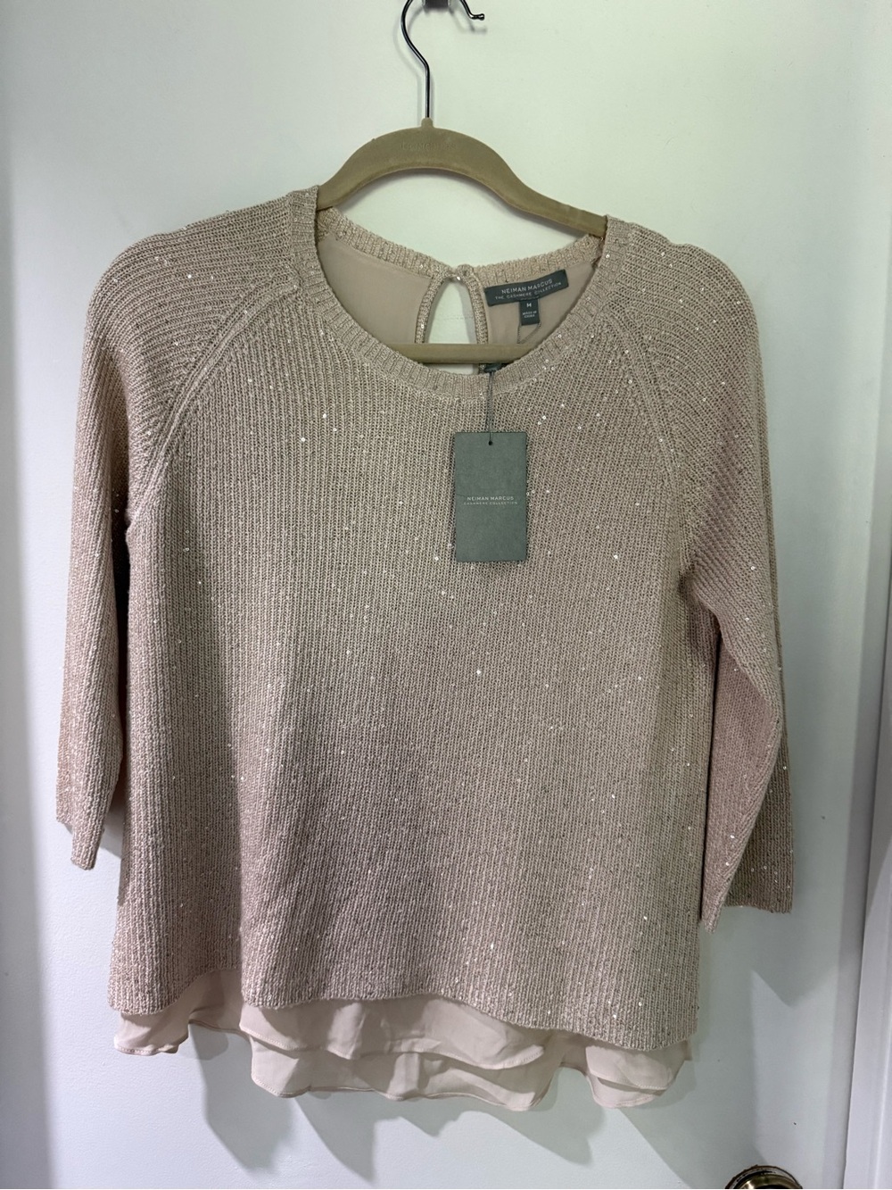 Neiman Marcus Blush Sparkle Layered-Hem Scoop Sweater